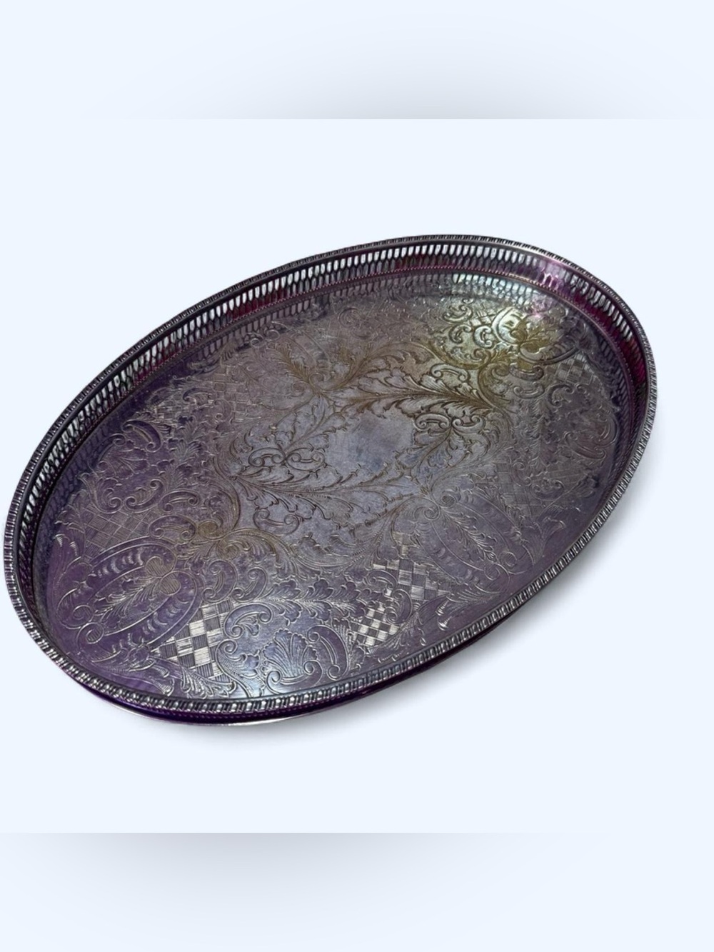 Vintage Viners of Sheffield Alpha Plate Silver Plate Gallery Tray Ornate Oval